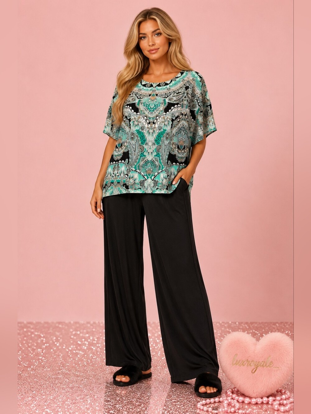 Dana Buchman Paisley Tunic Top Size Medium Teal Black Boho Flowy Blouse